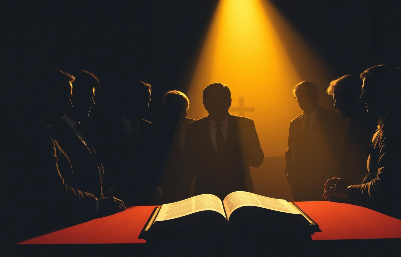 Silhouettes gathered in prayer around an open Bible